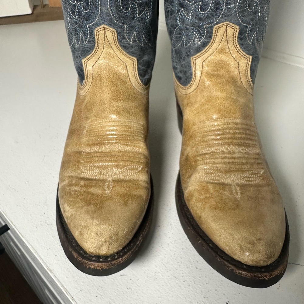 Masterson Boots Women’s 7.5M Two Tone Western Cowboy Boots Tan & Blue Leather - Picture 3 of 9